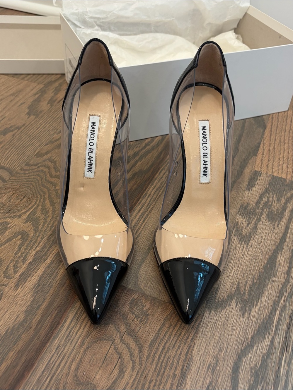 Manolo Blahnik Pacha Black Patent Leather & Clear PVC Pointed-Toe Pumps Sz 36.5